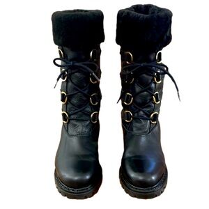 LA Canadienne lace up black leather boots, shearling lined. Size 7.5,